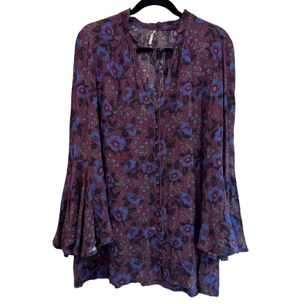 Free People Floral Tunic Top Bell Sleeve Button‎ Up Blouse Bohemian S